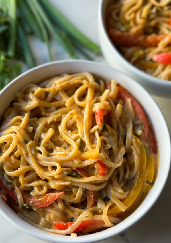 two bowls of a Thai Red Curry Noodles recipe