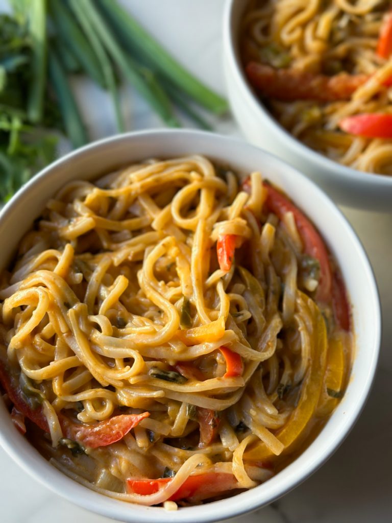 two bowls of a Thai Red Curry Noodles recipe