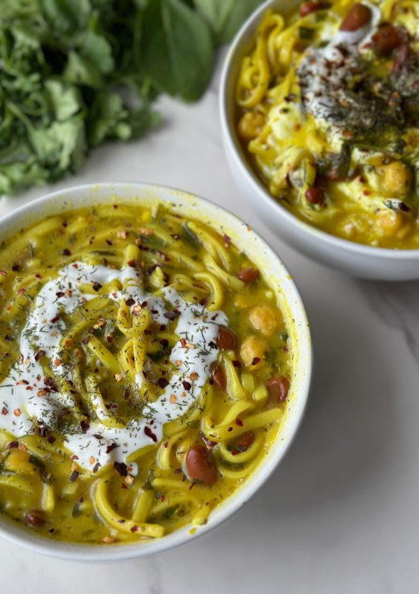 A hearty bowl of Aush/Ash Reshteh, which is a green Persian dish