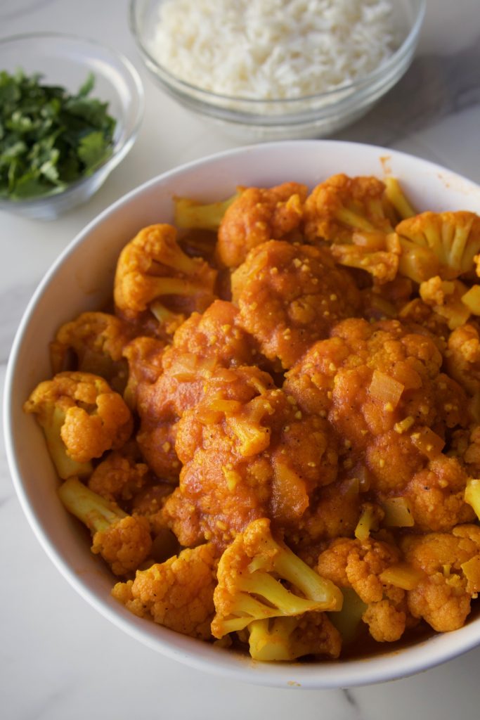 a bowl of an afghan cauliflower curry called Gulpea Korma