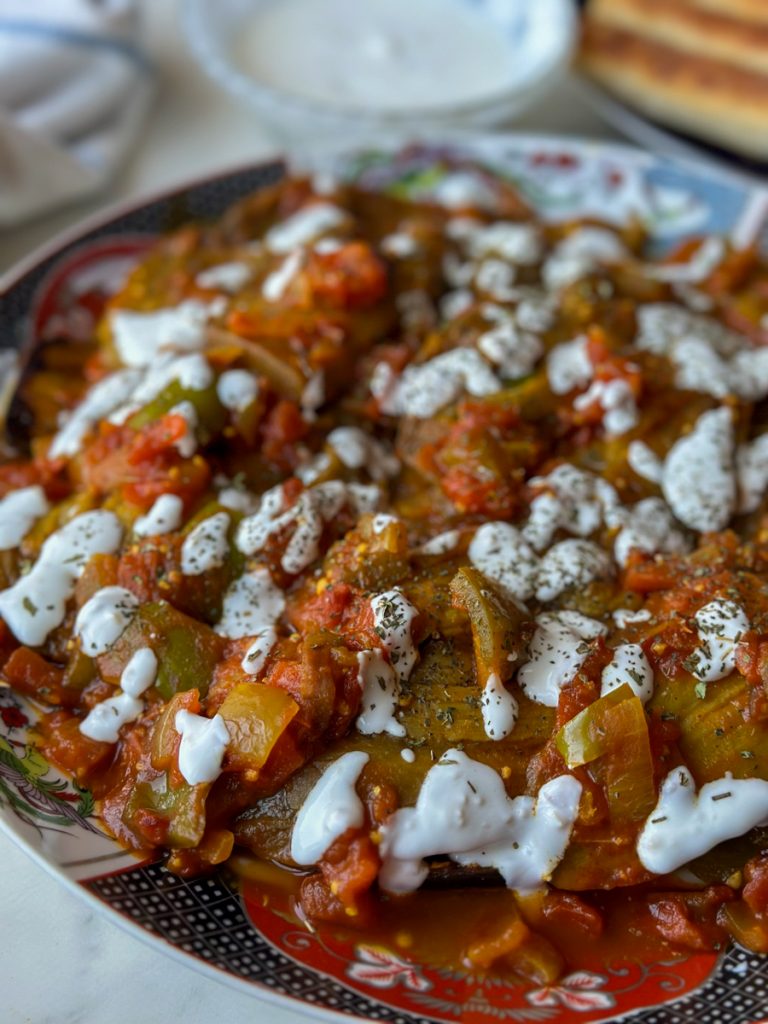 a big plate of Borani Banjan. Afghan Eggplant