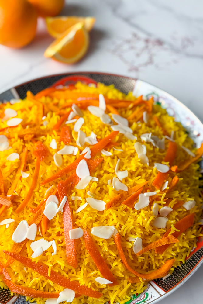 a big plate of saffron rice called Naranj Pulao