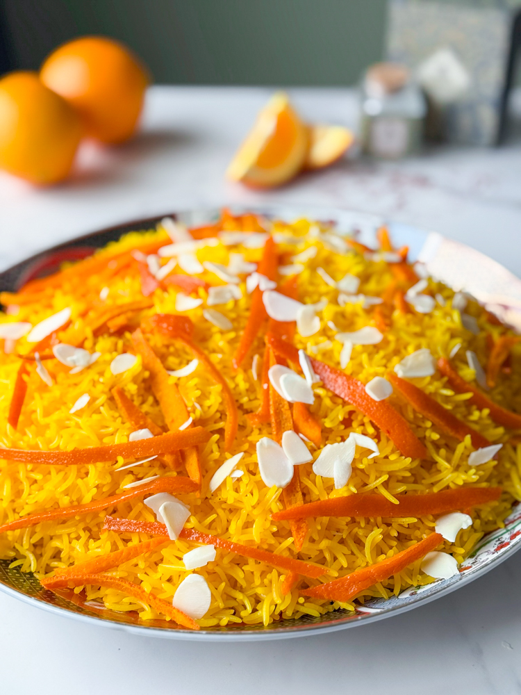 a big plate of saffron rice called Naranj Pulao